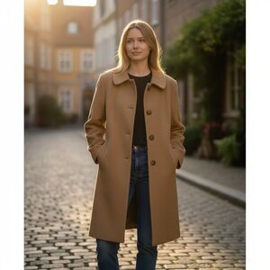 Anne Klein Cashmere & Wool Blend Mid-Length Single Breasted Overcoat Camel Brown